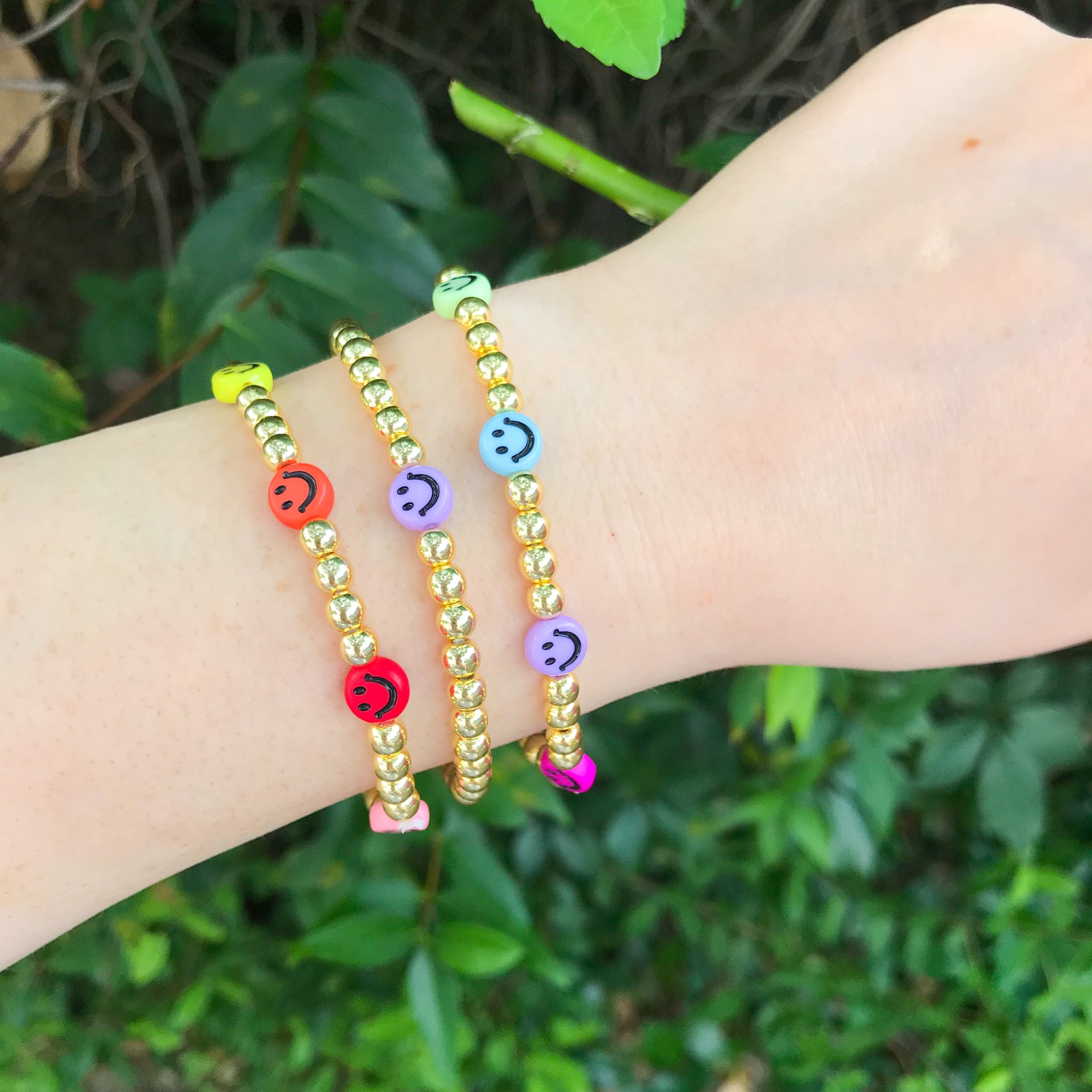 Rainbow Smiley Face Gold Beaded Bracelet